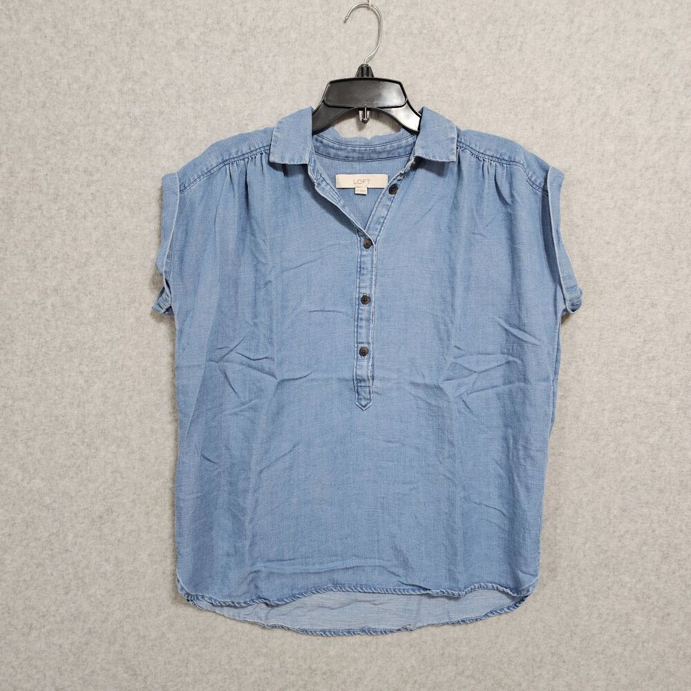 Loft Half Button Chambray Shirt Size XS Sleeveless Relaxed Casual Top Womens